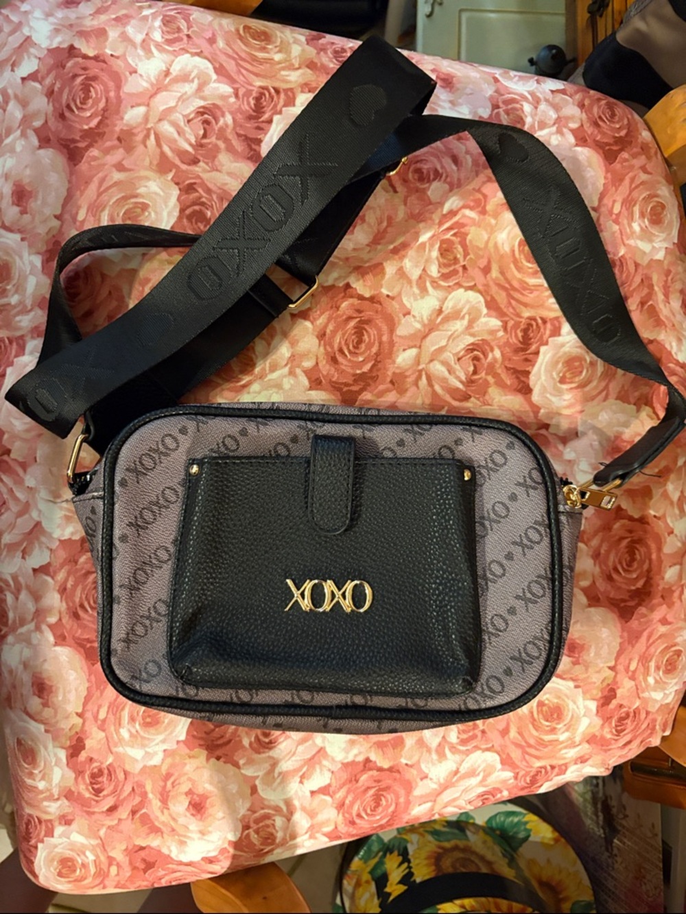 XOXO Black and Gray Logo Crossbody Bag with Gold Hardware